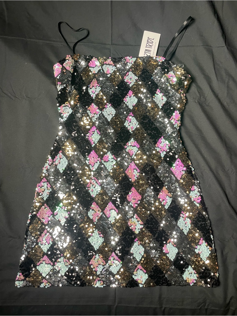 NWT 12th Tribe Girls' Sequin Diamond Party Dress - Black, Pink & Mint - Picture 4 of 8